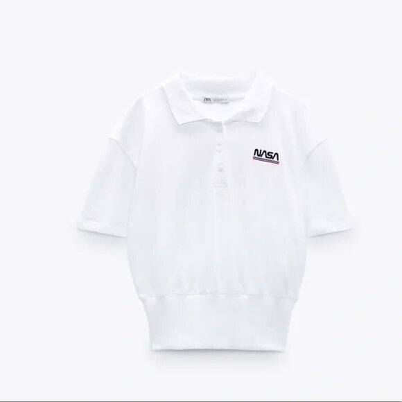 New Zara Embroidered "NASA" Short Sleeve White Polo Shirt NWT Size Large - Picture 5 of 14